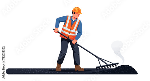 A construction worker with a rake on asphalt Hes wearing safety gear and there is faint steam visible