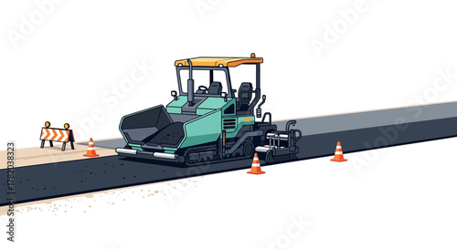 A road paving machine lays asphalt with cones and a road barrier nearby