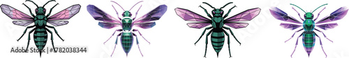 Iridescent Wasp Vector Set: Stylized Metallic Insects with Pink, Purple, and Teal Colors
