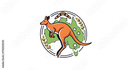 Illustration of a kangaroo in front of a map of australia, with a boomerang and wheat stalks