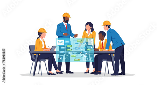 A team in hardhats discusses a blueglowing project table in a bright modern office space