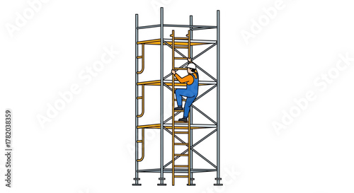 A worker in blue overalls climbs a ladder inside a metal scaffolding structure