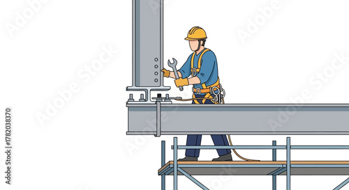 A worker on scaffolding tightens bolts on a steel column connected to a beam with a wrench