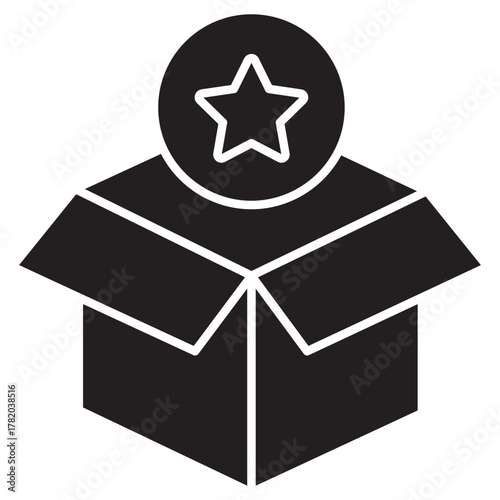 Open Box with Star Badge Icon, Star Reward Gift Box, Premium Achievement Package, Exclusive Appreciation Box, Celebration Bonus Unboxing, vector