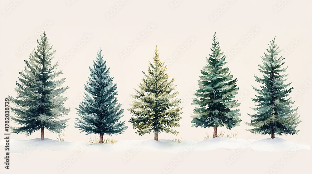 Obraz premium A collection of five watercolor pine trees, varying in size and color, with snow at the base, on a light background