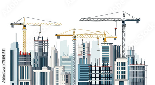 Cityscape under construction with cranes and unfinished buildings against a white background