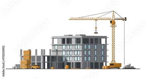 Construction site A building being constructed with a crane lumber stacks and an industrial atmosphere