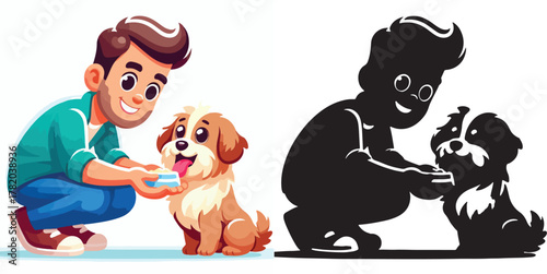  Set of vector and shilhouttes images of men and dogs on a white background