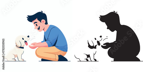  Set of vector and shilhouttes images of men and dogs on a white background