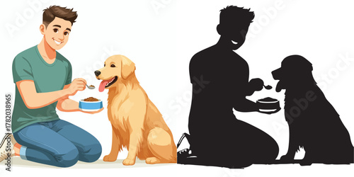  Set of vector and shilhouttes images of men and dogs on a white background