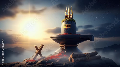 Dramatic golden light illuminating the sacred symbol of devotion with a trident featuring rich textures and colors in a spiritual landscape setting