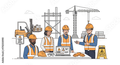 Construction site meeting workers safety signs crane forklift scaffolding laptop gloves glasses