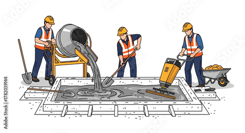 Construction workers pour level  smooth cement in a framed area using tools