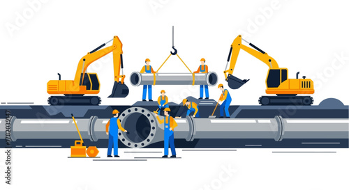 Construction workers installing pipes with excavators wearing hard hats and blue uniforms in an outdoor construction site
