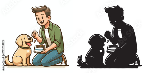  Set of vector and shilhouttes images of men and dogs on a white background
