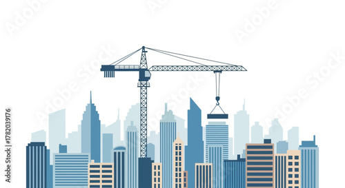 Crane  cityscape graphic crane lifting square block over bluetoned buildings against white sky