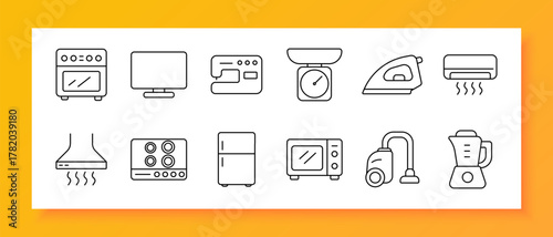 Home appliance set icon. Oven, blender, vacuum, refrigerator, microwave, air conditioner, TV, sewing machine, scale, iron, kitchen, cooking, 