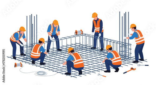 Construction workers tie steel rebar for concrete foundation wearing safety gear