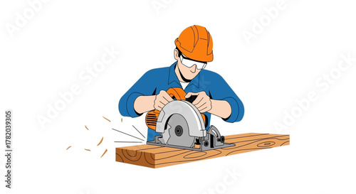 Man with hardhat and safety glasses is using a circular saw to cut a piece of wood with visible wood chips