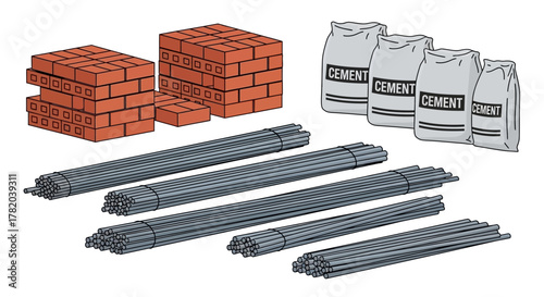Construction materials including bricks, cement bags, and steel rods