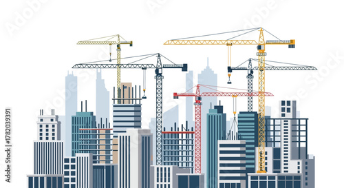 Construction cranes over modern city skyline with skyscrapers