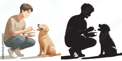 Set of vector and shilhouttes images of men and dogs on a white background