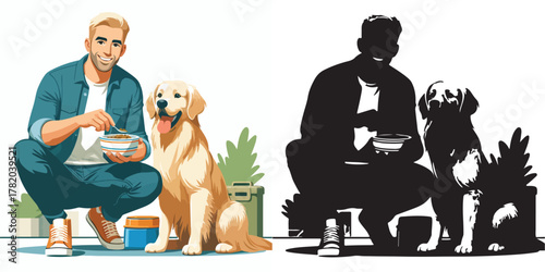  Set of vector and shilhouttes images of men and dogs on a white background