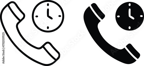 Call Duration Time Icon. Telephone Receiver with Clock for Waiting Time Service or Vector Silhouette. .eps