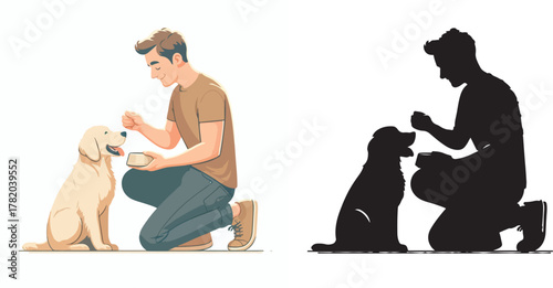  Set of vector and shilhouttes images of men and dogs on a white background