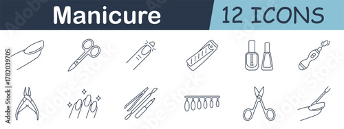 Manicure set icon. Nail, scissors, nail polish, file, clippers, polish bottles, drill, tools, painted nails, cuticle pusher, and detail brush in grooming outline style.