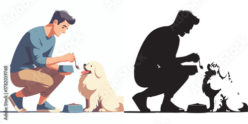  Set of vector and shilhouttes images of men and dogs on a white background