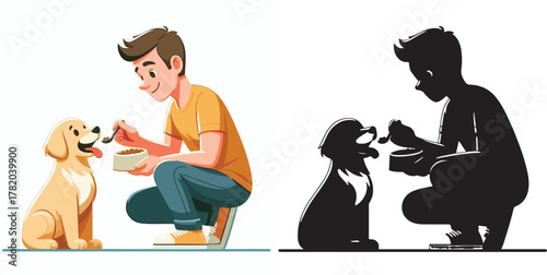 Set of vector and shilhouttes images of men and dogs on a white background