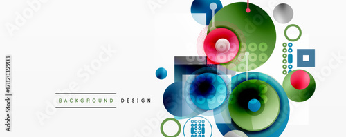 Abstract colorful shapes overlap. Circles, squares, lines create modern design. Light background enhances visual impact.