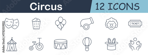 Circus set icon. Masks, popcorn, balloons, cannon, clown, ticket, tent, unicycle, drum, hot air balloon, magician hat, juggling hands, entertainment tools.