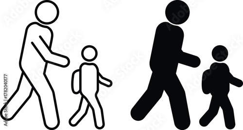 Parent and Child Walking Icon. School Escort, Family Togetherness, and Child Protection Symbol or Vector Silhouette. .eps