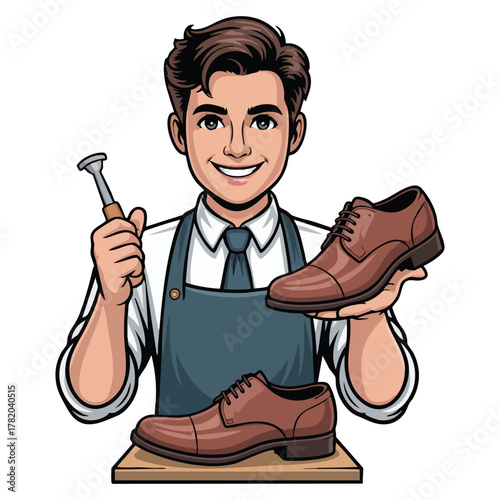 Cartoon cobbler holding shoe and tool with shoes on display shoemaker shoe repair