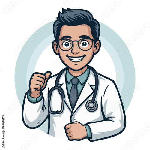 Cartoon doctor with stethoscope giving thumbs up in light blue circle medical