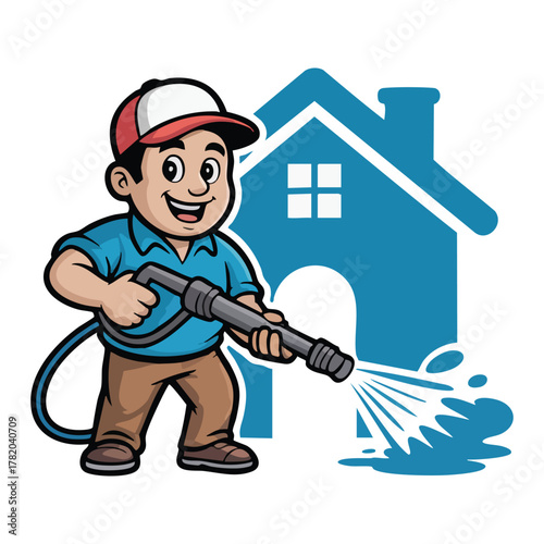 Cartoon man with pressure washer cleaning blue house icon vector