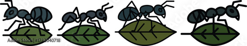 Cartoon Ant and Leaf Vector Set: Simple Stylized Black and Gray Ants Carrying Green Foliage Illustration