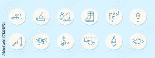 Fishing set icon. Circular outline icons with rods, lures, hooks, fish, boats, floaters, boots, and seated anglers shown in simplified fishing and recreational gear illustrations