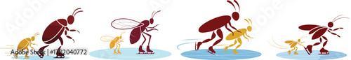 Stylized Vector Set of Ice Skating Insects: Bugs, Bees, and Beetles on Skates Winter Sports Illustration