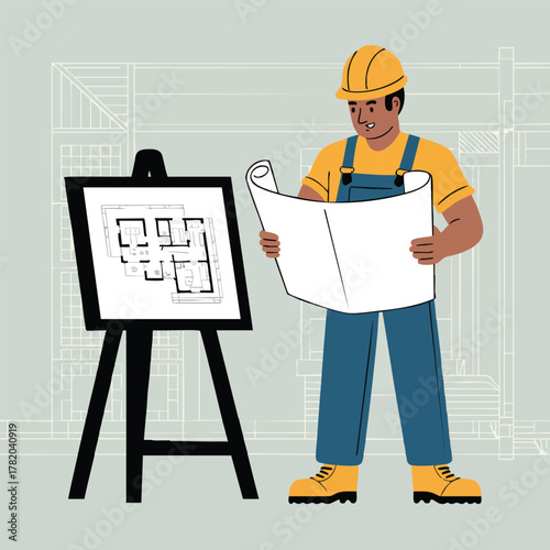 Construction worker in hard hat reviewing blueprints on easel and scroll male architect