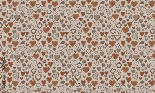 Vintage Rustic Heart Seamless Pattern in Warm Neutral Colors for Valentine and Wedding Design