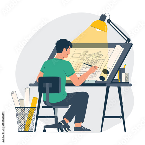 Man drawing architectural plans on drafting table with desk lamp blueprints