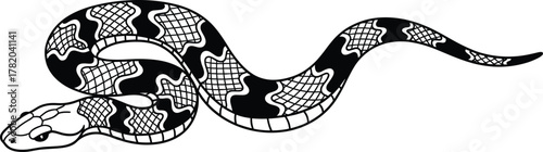 Black and white snake vector illustration, detailed reptile design with scales, elegant serpent silhouette for tattoo, logo, wildlife art, and decoration