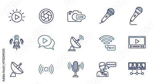 Set of live streaming and broadcasting icons, including play buttons, camera, microphones, satellite dishes, Wi-Fi signals, video player, and communication symbols, presented in a clean, modern line