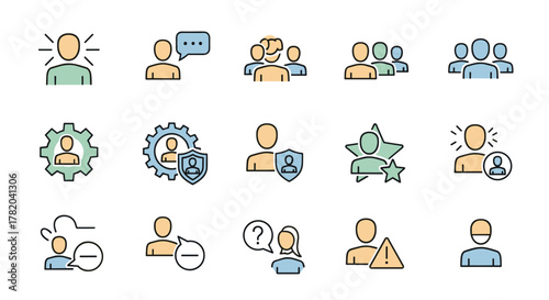 Vivid flat-style people icon set, featuring diverse representations of individuals and groups for infographics, website design, logos, and app UI. Includes icons for communication, teamwork