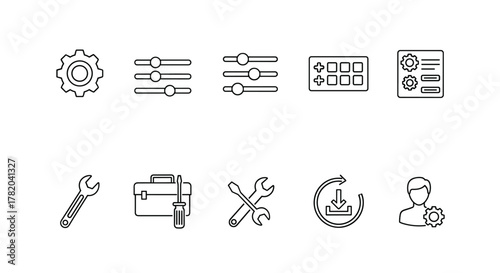 Set of outline vector icons representing general settings, including a gear, sliders, control panel, toolbox with wrench and screwdriver, system update, and user preferences, all in a clean, modern