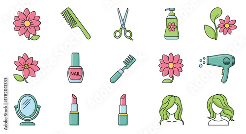Collection of cartoon-style icons representing beauty salon and hair treatment services, featuring flowers, combs, scissors, nail polish, a hairdryer, a mirror, lipstick, and hairstyles, all on a