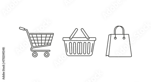 Set of three linear shopping icons on a white background: a shopping cart, a shopping basket, and a shopping bag. This clean and simple vector graphic represents online and in-store shopping, retail